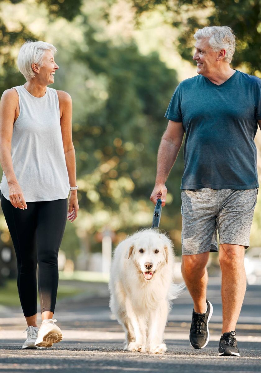 Meridian at Wylie Older couple smiling and walking a fluffy white dog together on a sunny, tree-lined street.